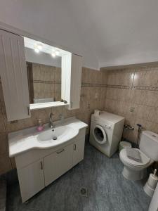 a bathroom with a sink and a washing machine at Καπνομάγαζο Λαδιά in Próti