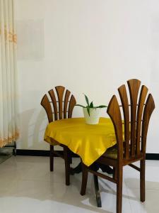 een gele tafel met twee stoelen en een plant erop bij New Mango Villa in Matara