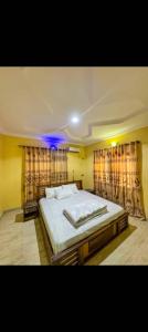 1 dormitorio con 1 cama grande y cortinas en Revolution Apartment Lemode Kobape abk, en Abeokuta