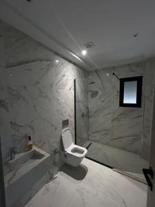 a white bathroom with a toilet and a shower at Luxury apartments in Hiboun