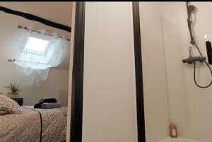 a bedroom with a bed and a shower and a window at Le Petit Dagonneau in Varennes Vauzelles
