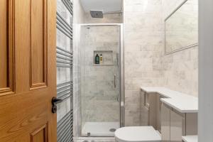 a bathroom with a shower and a toilet at The Agora in Mollington +35 photos