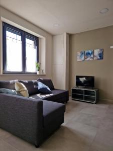 ein Wohnzimmer mit Sofa und Fernseher in der Unterkunft Concordia Apartment in Orta San Giulio + 10 Fotos