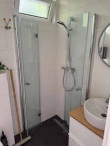 a bathroom with a shower and a sink at Bungalow De Hazelaar I 4 personen - Vakantiepark De Kremmer in Gasselte +11 photos