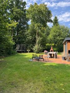 a park with a bench and a picnic table at Bungalow De Hazelaar I 4 personen - Vakantiepark De Kremmer in Gasselte