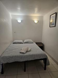 a bed in a bedroom with two towels on it at Appartement de la Pyramide in Alençon