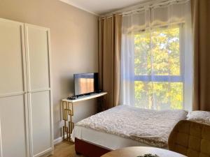 a small bedroom with a bed and a window at Apartament Motyl in Warsaw