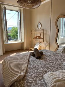a bedroom with a large bed with a large window at Appartement F2 - Besançon - proche centre ville in Besançon