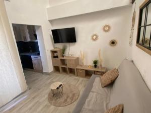 a living room with a couch and a flat screen tv at Appartement 5 places 300m de la plage in Argelès-sur-Mer +3 photos