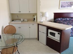 uma pequena cozinha com um micro-ondas e uma cama em The Falls Motel em Watkins Glen