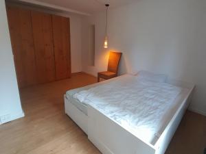 a bedroom with a large white bed and a chair at Goldstück im Grünen in Bad Schonborn
