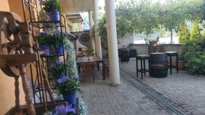 an outdoor patio with tables and chairs and potted plants at Victory Apartments in Leoben +8 photos