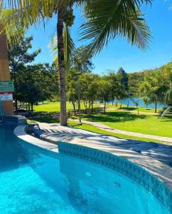 a palm tree sitting next to a swimming pool at PONTAL DO LAGO FLAT - Lucas in Caldas Novas +26 photos