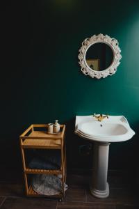 a bathroom with a sink and a mirror on a green wall at Bērzgala Viesu Nams 