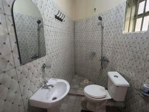 a bathroom with a toilet and a sink and a mirror at Antique cottages in Kabale +23 photos