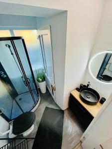 Un baño con ducha de cristal y lavabo. en Green House, en Onești 6 fotos más