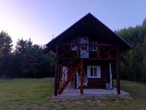 a small log cabin with a staircase in a field at Medvidske in Tukhlya +4 photos