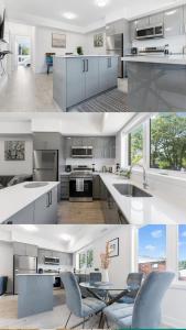 a kitchen with white and gray cabinets and chairs at Entire Luxury Suite 4mins To Falls in Niagara Falls