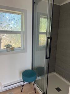 een douche met een blauwe kruk naast een raam bij Serene Forest Retreat in Sooke