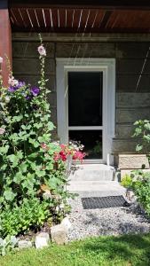 a front door of a house with flowers at Przy pałacu in Bozkow
