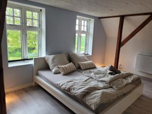 ein großes Bett in einem Zimmer mit zwei Fenstern in der Unterkunft House Sea Beach Vacation Denmark Ferienhaus Dänemark Urlaub Privatunterkunft in Sarup