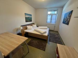 a small room with a bed and a table at Eva in Bad Goisern