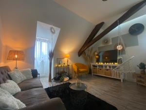 a living room with a couch and a tv at Cocon Anaïs in Delle