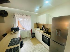 a kitchen with a stainless steel refrigerator and a window at Cocon Anaïs in Delle
