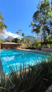 una grande piscina con palme e un edificio di Casa 09 Floresta Boa Vista - Piscina Privativa, Jardim e Lazer Completo a Teresópolis