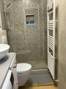 a bathroom with a shower with a toilet and a sink at Alany Apartment Zagreb in Zagreb