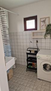 a bathroom with a washing machine and a sink at Domacinstvo Ubovic in Šipovo