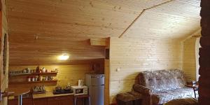 a room with a kitchen with a chair and a refrigerator at Магурчик in Vorokhta
