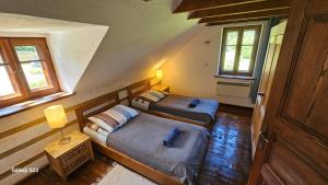 two beds in a room with two windows at Hnatowa Chata in Wetlina