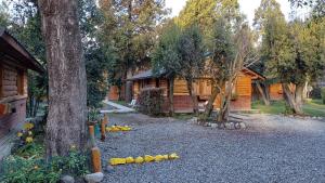 a yard with a log cabin and a bunch of trees at Cabañas del Bosque Bariloche in San Carlos de Bariloche