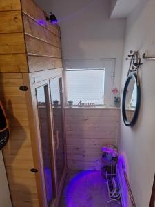 a small bathroom with a shower and a mirror at Kuća za odmor Kod Celića in Barbarići Kravarski +27 photos