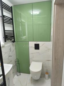 Un baño con inodoro y ducha de cristal. en Blu Apartments, en Jugów