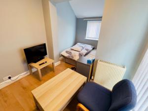 スタッフォードにあるHomestay in Staffordの青い椅子とベッドが備わる小さな客室です。 +14枚の写真