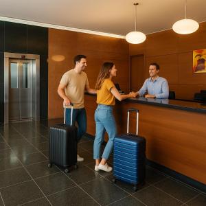 a group of people standing at a counter with luggage at Flat Espetacular PRAIA Long Stay in Vitória +50 photos