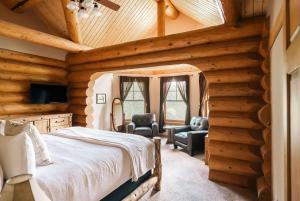 シルバーソーンにあるSki Hike Relax - Log Cabin with Views - Hot tubのベッドルーム1室(ベッド1台、椅子2脚付)