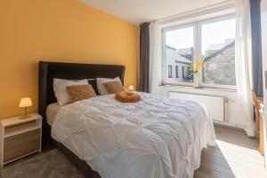 una camera da letto con un letto grande e una finestra di Appartement de luxe Dubai , Chambre, salon et SDB Privés, cuisine partagée a Liegi