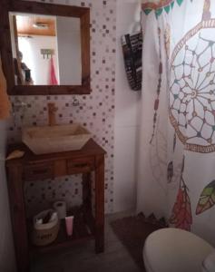 a bathroom with a sink and a mirror at La casita in San Clemente del Tuyú