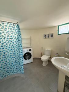 a bathroom with a toilet and a washing machine at Yassmina Guest House in Maasser El Chouf