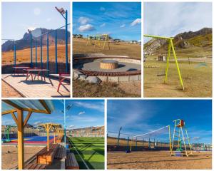 a collage of four pictures of a playground at Green Crown Resort in Yoliin Hural