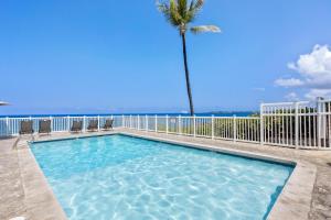 a swimming pool with a palm tree and the ocean at Casa Aloha Designer Condo w Oceanfront Pool in Kailua-Kona