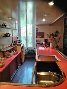 eine Küche mit roten Arbeitsplatten und einem Waschbecken in der Unterkunft Gîte La Rose des Alpes à Serres, 3 chambres, capacité 2 à 8 personnes, Cuisine, Terrasse, Parking et Garage in Serres