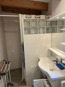 a white bathroom with a sink and a shower at Bonifacio tranquillité paradis in SantʼAmanza +22 photos