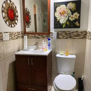 a bathroom with a toilet and a sink and a mirror at Tania's guest rooms in Calgary