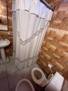 a bathroom with a toilet and a shower curtain at Mi Rancho - Casa De Campo Para Descanso Familiar in Salta