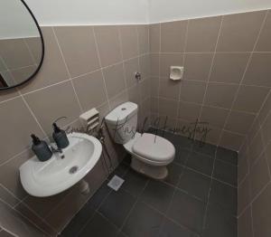 un bagno con un water, un lavandino e uno specchio di Homestay Sepang - Semarak Kasih Homestay a Sepang
