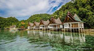 Une rangée de maisons sur l'eau à côté d'une montagne dans l'établissement Club Tara Island Resort, à Socorro